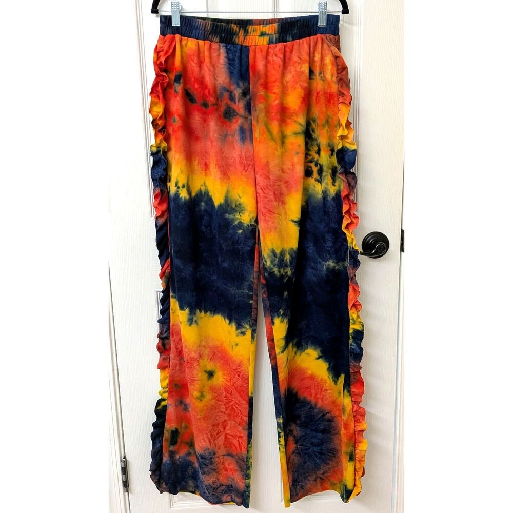Why Dress Ruffle Hippie Tie Dye Festival Bohemian Dopamine Rainbow Pants| SZ XL